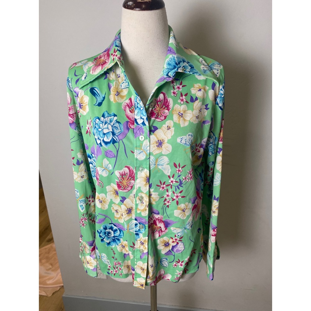 Vintage 70s Dagger Collar Floral Butterfly Print Button Up Shirt Green Size 40